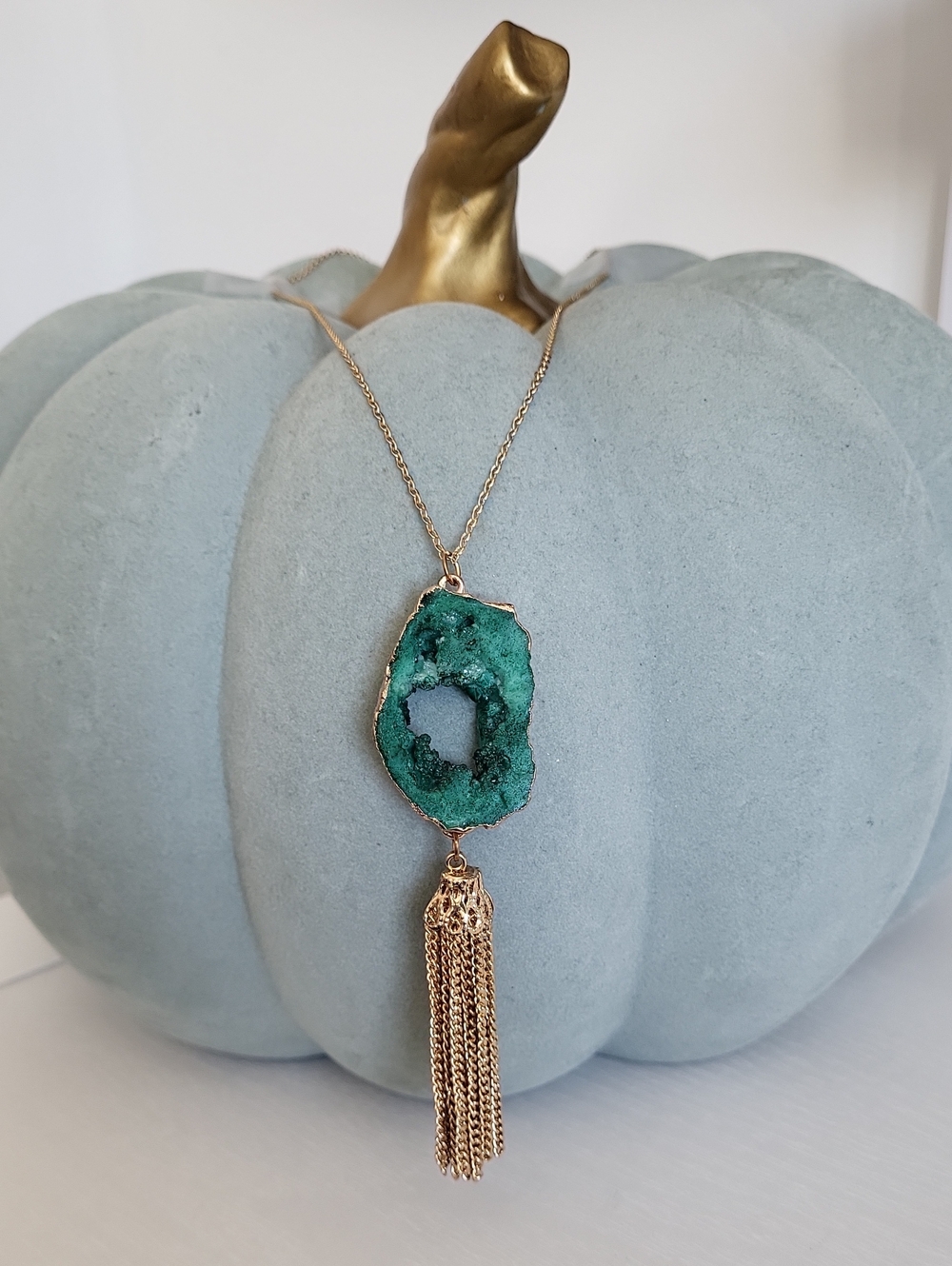 Green Druzy Pendant Necklace with Gold Tassel